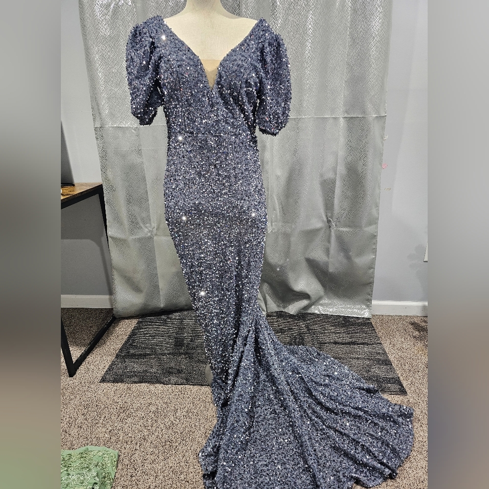 Elegant Blue Sequin Evening Gown